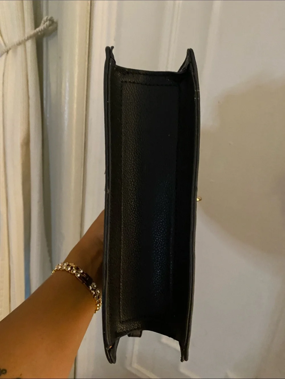 Women's Black Leather Top-Handle Crossbody Bag with Gold Padlock